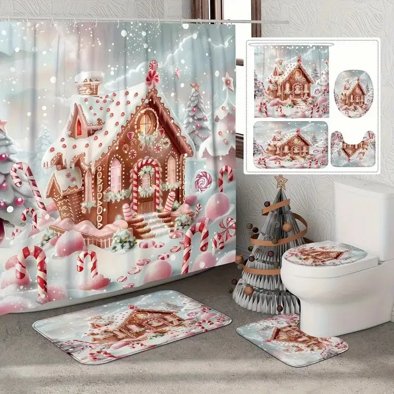 1/4pcs Christmas decoration cute style cottage and candy cane design shower curtain set, Waterproof bathroom curtain, festive design, non-slip floor mat, U-shaped carpet, toilet lid cover, perfect for bathroom decoration, 12 shower curtain hooks included