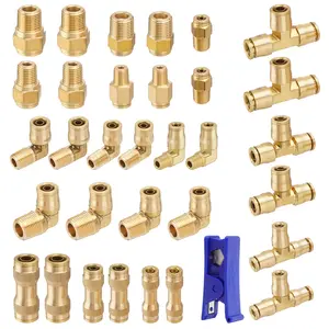 33Pcs Brass DOT Air Brake Line Fittings 1/4"" 3/8"" 1/2"" DOT Air Hose Fittings Push to Quick Connect Fittings Kit for Trucks Trailers Brake System