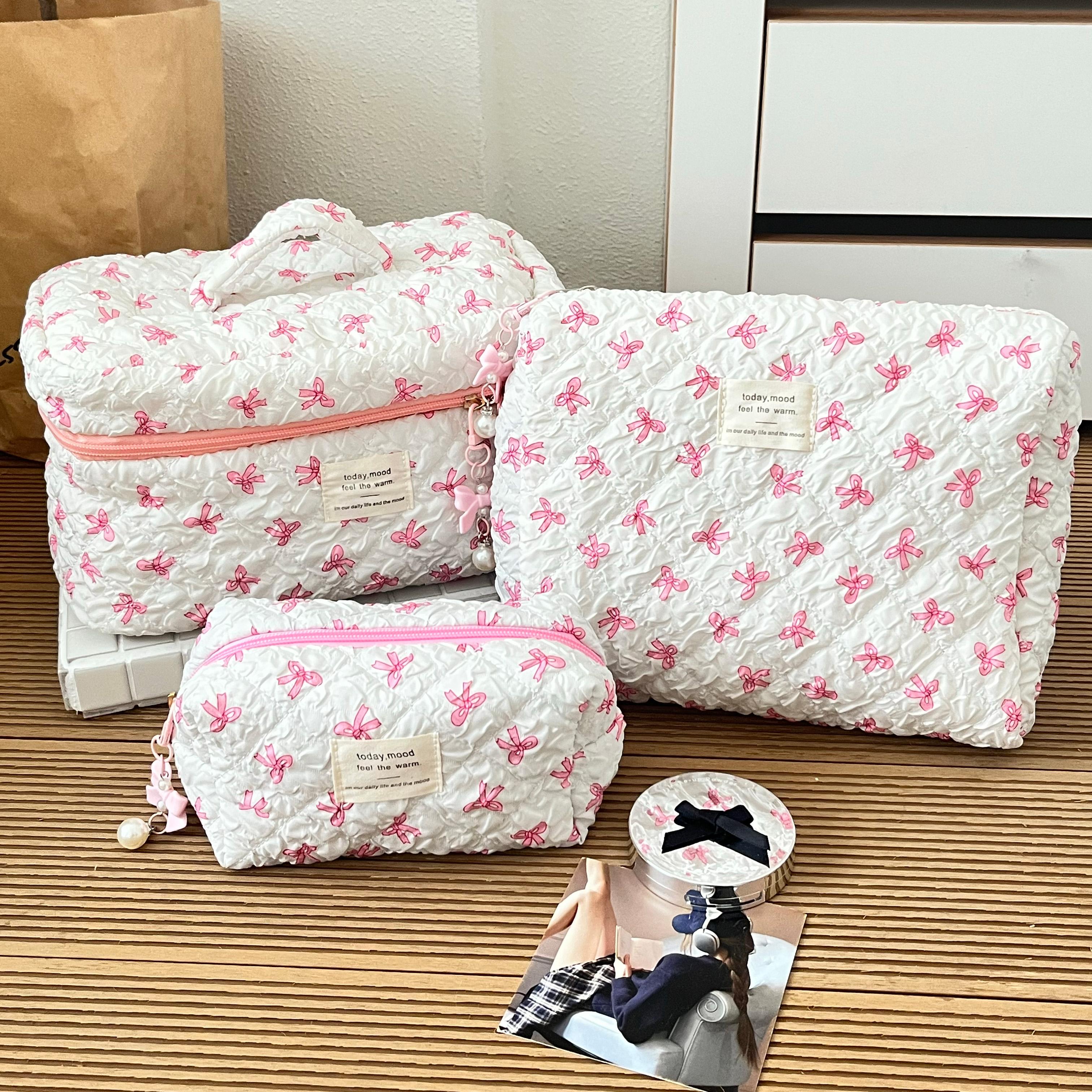 Bow Bubble Quilted Makeup Bag 3-Piece Set – Large Capacity Travel Toiletry Storage Bags, Girly Instagram Style
