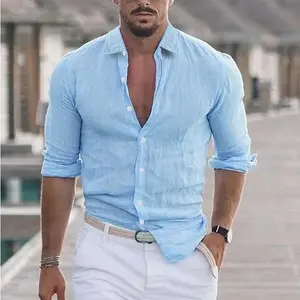 Summer Shirt Men's Cotton Linen Long Sleeve Fashion Casual Shirt Lapel Loose Soft Comfortable Breathable Solid Color Long Sleeve Menswear Streetwear A