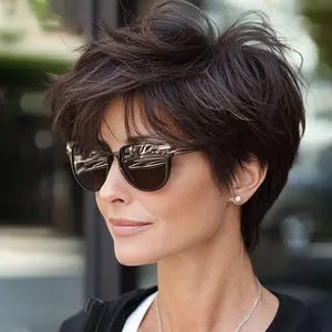 New Fashion [1pc Dark Brown Pixie Wig] 1pc 2 #   Dark Brown 150% Density Human Hair Pixie Cut Wig |   Glueless Short Layered Straight Wig with Rose Net Cap, Natural Look for Daily Wear & Cosplay, Suitable for All Ethnicities, Comfortable Fit Cap, Cosplay