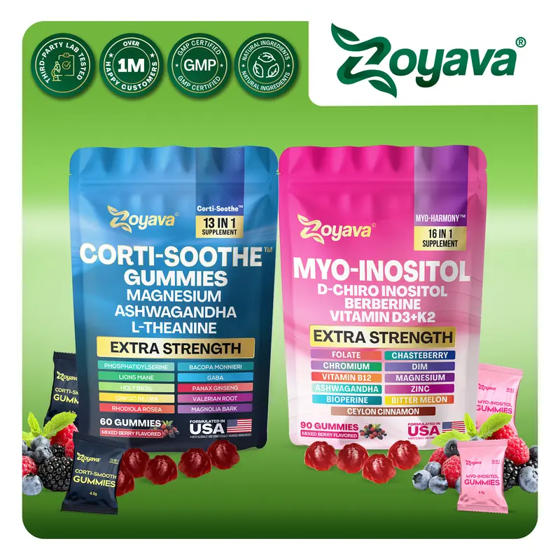 Soothe & Smooth Bundle (Gummies) - Zoyava Cortisol and Myo-Inositol All-in-One Dietary Supplement for Fitness & Healthcare - Mixed Berry Flavored - MADE IN USA