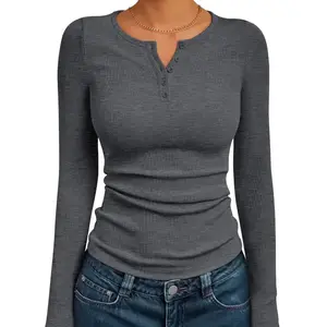 Womens Long Sleeve Shirts 2025 Henley Casual Fall Outfits Fitted Cotton Tops Ribbed Fashion Cute Basic Tees