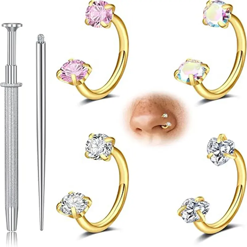 Women's 6PC 316L Stainless Steel Double CZ C-Shape Nose Ring Hoop Set, Gold Tone Nostril Piercing Jewelry with Multi-Color Crystals & Piercing Taper Tool Kit