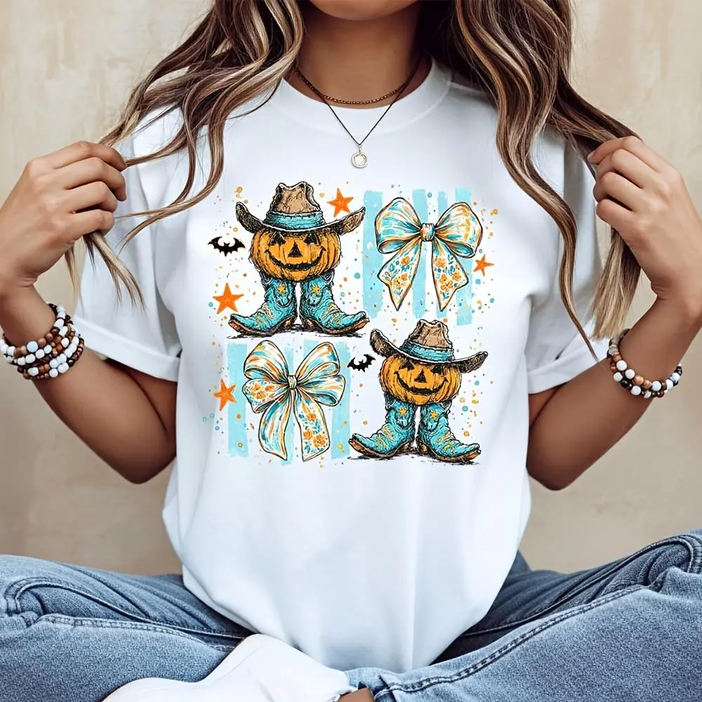 Pumpkin Cowboy Boots And Bow Print T-Shirt, Halloween Western Country Theme, Casual Fall Festival Party Wear