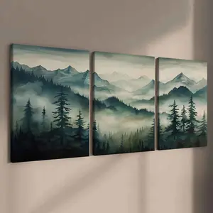 3 Counts Wooden Framed Canvas, Misty Mountain Forest Landscape Images, Exquisite Artistic Poster Print, Perfect Living Room Decoration, Modern Art, Fashion Family Poster, Wall Art Decoration, Odorless, Unique Artwork