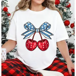 Crewneck T-Shirt Black Cherry With Stars And Stripes Bow Print Casual Wear For Men Women Summer Outfit 100% Cotton T-Shirt Family Gift Idea