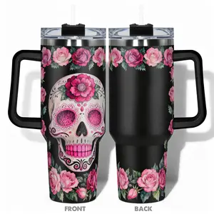 1pc 40oz/30oz/22oz/20oz/14oz Cup Stainless Steel Vacuum Insulated Tumbler With Floral Skull with Roses Design, Leakproof Large Capacity, Needed for Gym, Hiking, Travel Ideal Birthday Christmas Gift Perfect Gift