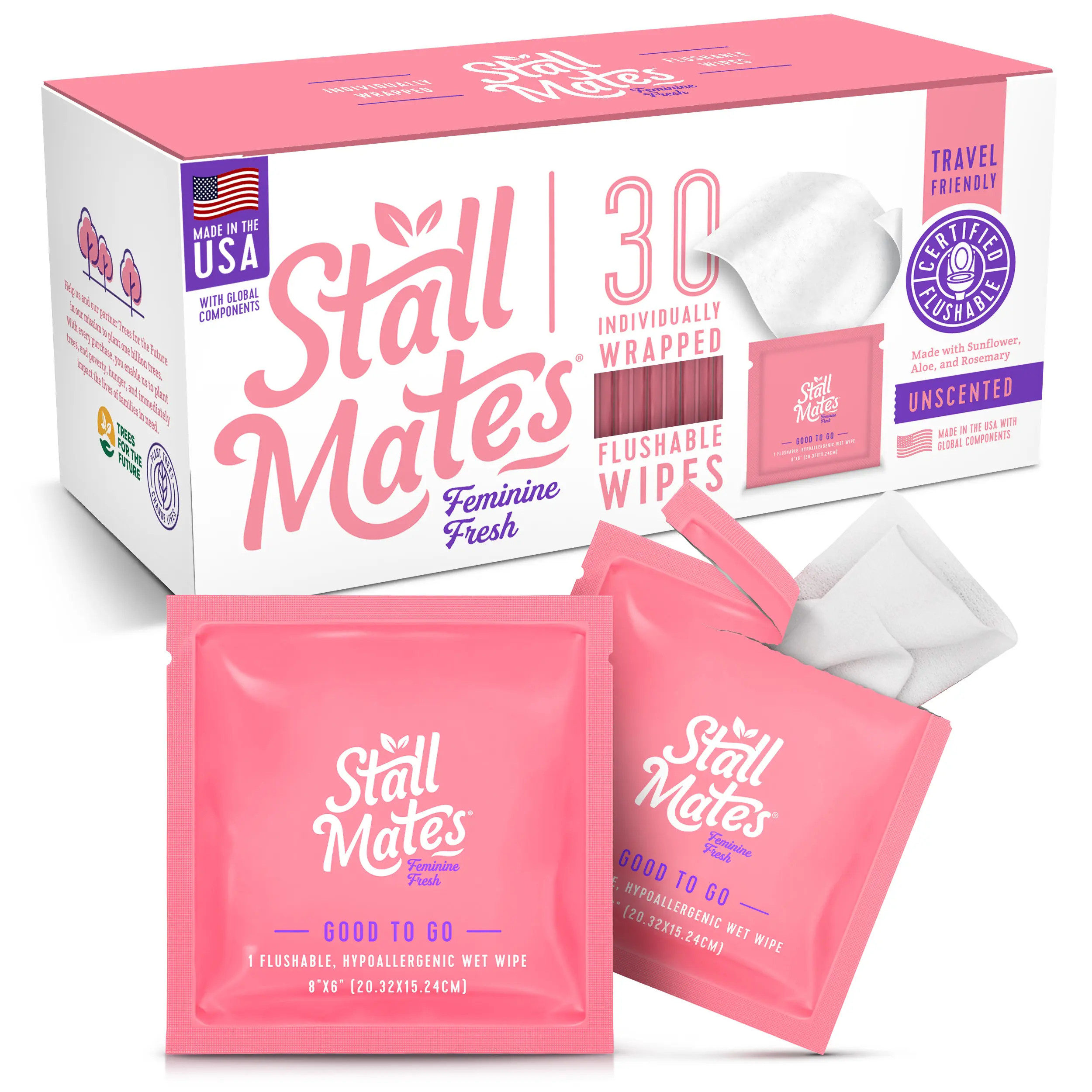 Stall Mates Feminine Fresh: 30 on-the-go flushable wipe singles (PH-Balanced), Individually Wrapped with Rosemary Sunflower & Aloe Vera, Great for Gym, Purse, Travel, Outdoors, Camping, Events. Concerts & Sensitive Skin