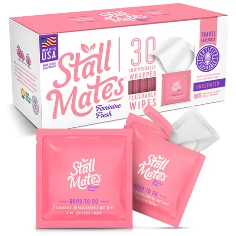 Feminine Fresh: 30 on-the-go - Flushable Wipes (PH-Balanced), Individually Wrapped with Rosemary Sunflower & Aloe Vera, Great for Gym, Purse, Travel, Outdoors, Camping, Events. Concerts & Sensitive Skin Unscented Pack