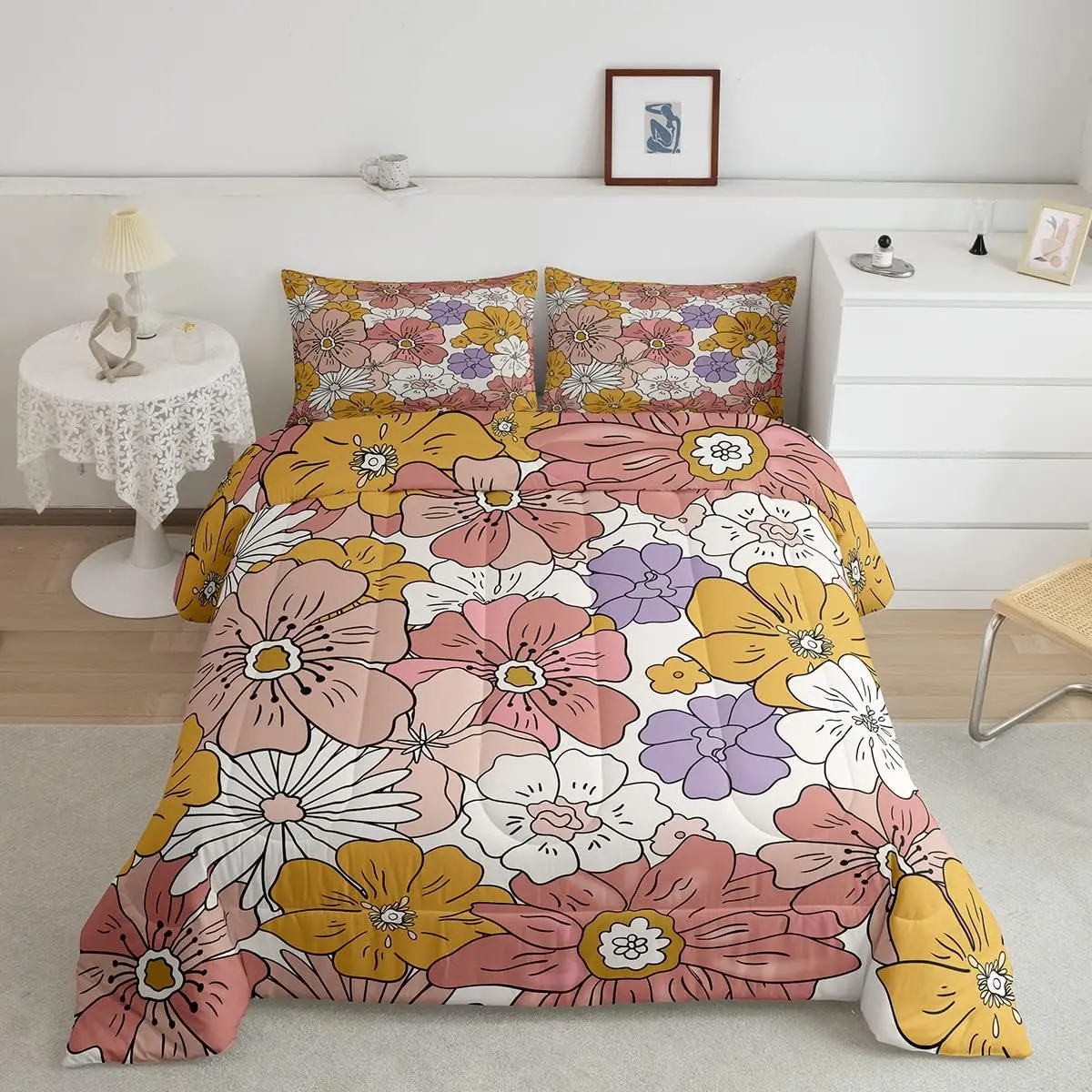 Twin Size Vintage Groovy Floral Bedding Comforter - Soft Fabric Multi-Size Durable Microfiber Duvet, Pink-Purple-Yellow Artistic Design, Children Friendly, Machine Washable Boho Aesthetic Linens