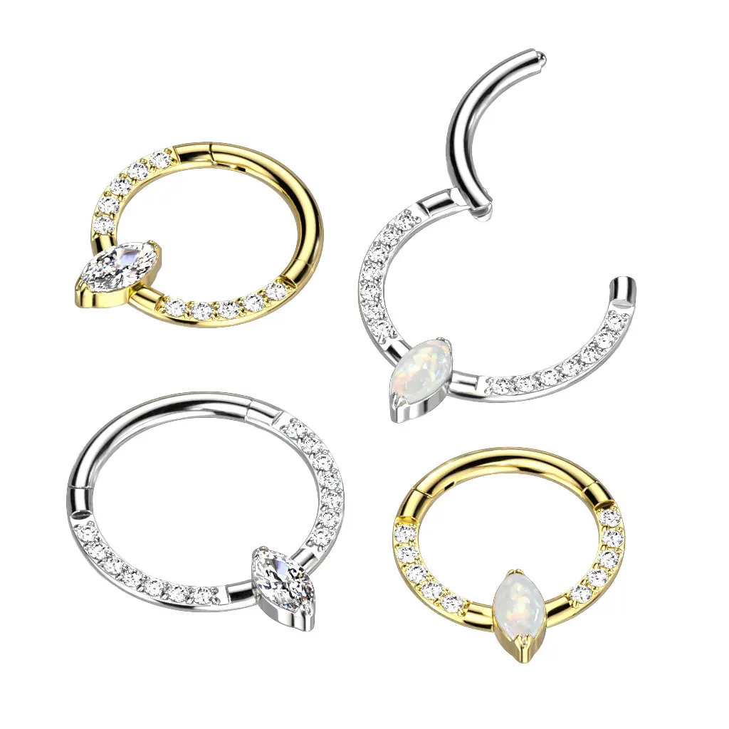 16G Marquise Clicker Hoop • Opal and CZ • Clicker Ring • Nose Ring • Septum Ring • Seamless Hoop • Titanium • Helix • Cartilage Piercing • Daith • Earring