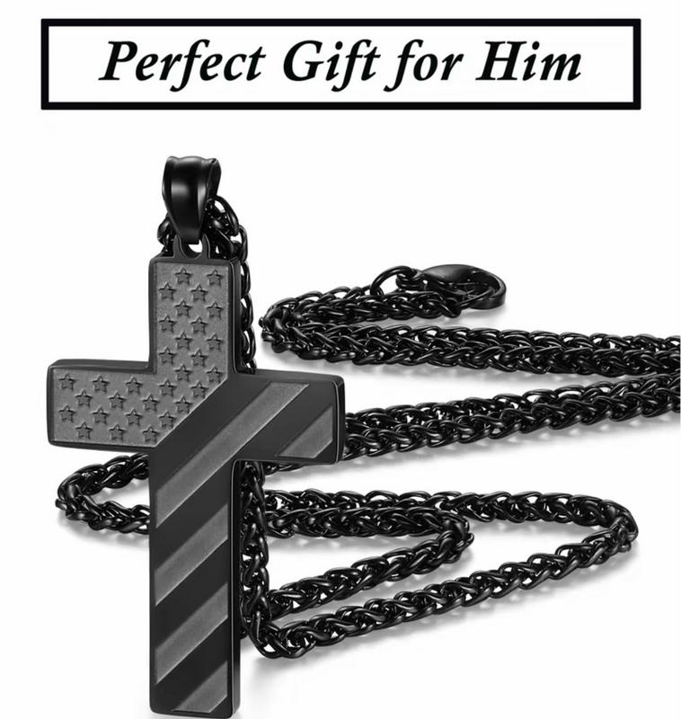 Black Crossflag Necklace,with Bible Verse& AmericanFlag,Inspirational Gift for MenTeens Boys Confirmation Birthday CoolBoyfriend Chain,Daily Accessories
