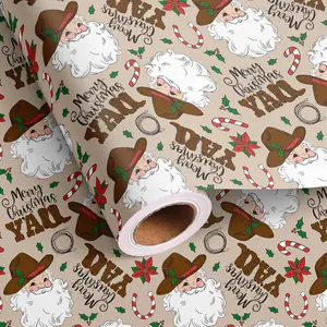 Western Christmas Wrapping Paper Roll - Retro Cowboy Santa Claus Merry Christmas Yall Words Design Gift Wrap for Boys Winter Celebration Holiday Decoration Total 28.5sq.ft