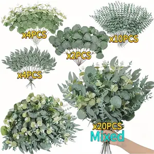 20 Realistic Artificial Eucalyptus Flowers with 4 Types of Foliage All Season Faux Bouquet for DIY Wedding Christmas Easter Ramadan Valentine's Day Home Table Centerpieces Indoor Outdoor Decor