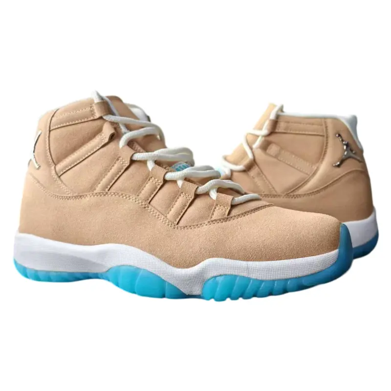 Warm tan matte suede high-top retro basketball sneakers featuring scuff-proof dual-tone bright turquoise white layered rubber outsoles, tear-resistant sweat-wicking soft perforated matte suede leather construction
