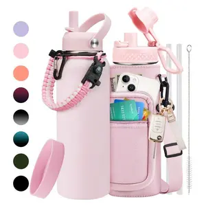 32/40oz Insulated Water Jug, Gallon Stainless Steel Water Flask - Big Water Jug with Straw & Spout Lid, Paracord Handle, Carrier Bag, 32/40/64/128oz, Pink