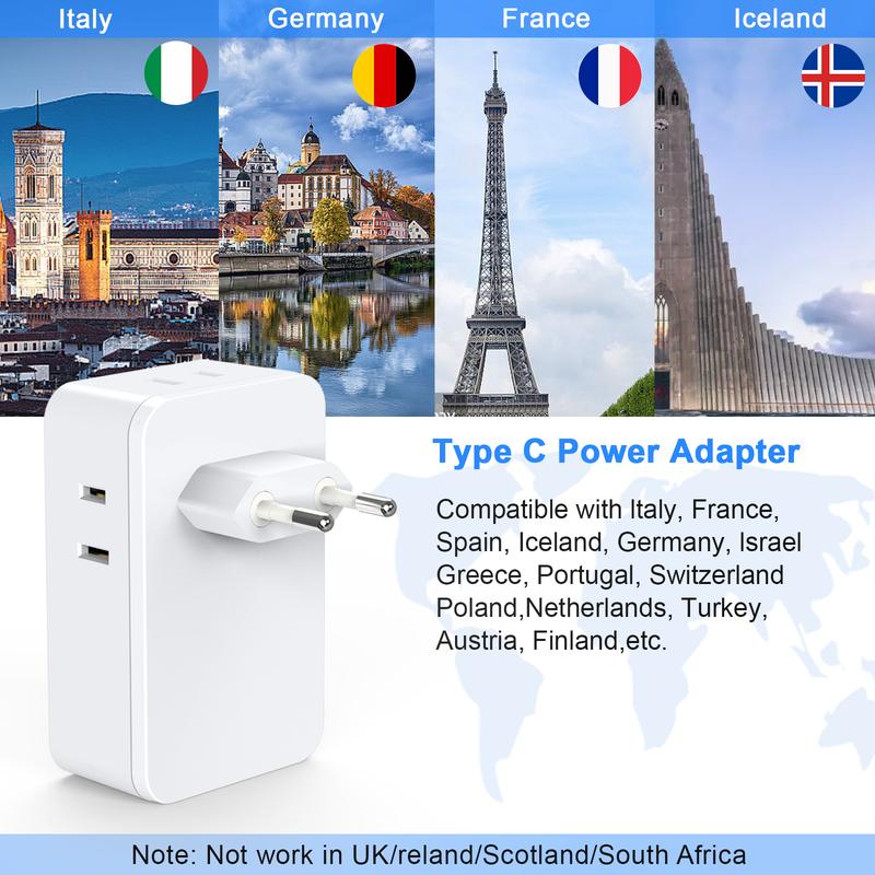 European Travel Plug Adapter USB C, International Plug Adapter with 4 AC Outlets and 3 USB Ports for US to Most of Europe Spain Italy France Germany.