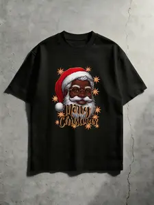 Multicultural African American Santa Claus Retro Christmas Short Sleeve T-shirt, "Merry Christmas" Holiday Casual Graphic Tee, Men's Inclusive Holiday Clothing, Excellent Gift for Multicultural Supporters and Christmas Enthusiasts
