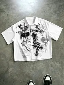 Men's Dark Art Graphic Cropped Shirt, Occult Cross & Eye Print Short Sleeve Button-Up, Y2K Streetwear for Daily Wear