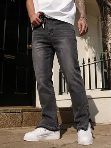 Men's Zipper Cuff Denim Jeans, Vintage Wash Classic High Street Style Streetwear Fitted Jeans, Frayed Hem Long Pants, Casual Fashion Clothing