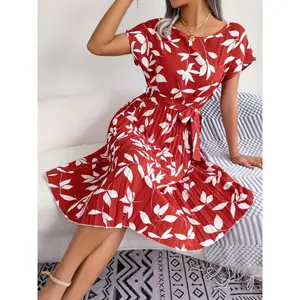 Women’s casual leaf-print short-sleeve dress with a loose A-line long skirt for summer; elegant for parties and everyday wear; comfortable women’s clothing GARMENTARY
