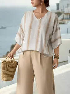 Women's Summer Loose Fit V-Neck Flutter Sleeve T-Shirt, Side Slit Design, Casual Beach Style, Striped Print, Versatile Fashion Top