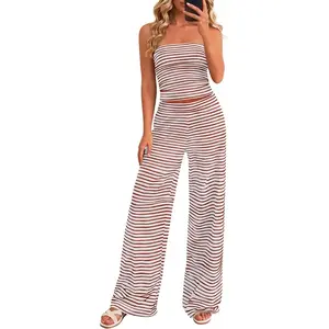 PrettyGarden Two Piece Striped Sets for Women Tube Top& Stechy Wide Leg Pants Set Travel Outfits Spring& Summer Y2K Going Out Vacation Clothes Loungewear#outdoorfun