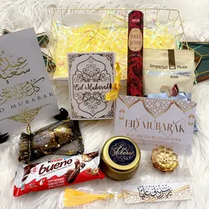 Eid Gold Gift Basket with Islamic Bookmark, Incense Package with holder, & Metal Eid Plaque with Stand - Delightful Surprise for Eid Celebrations