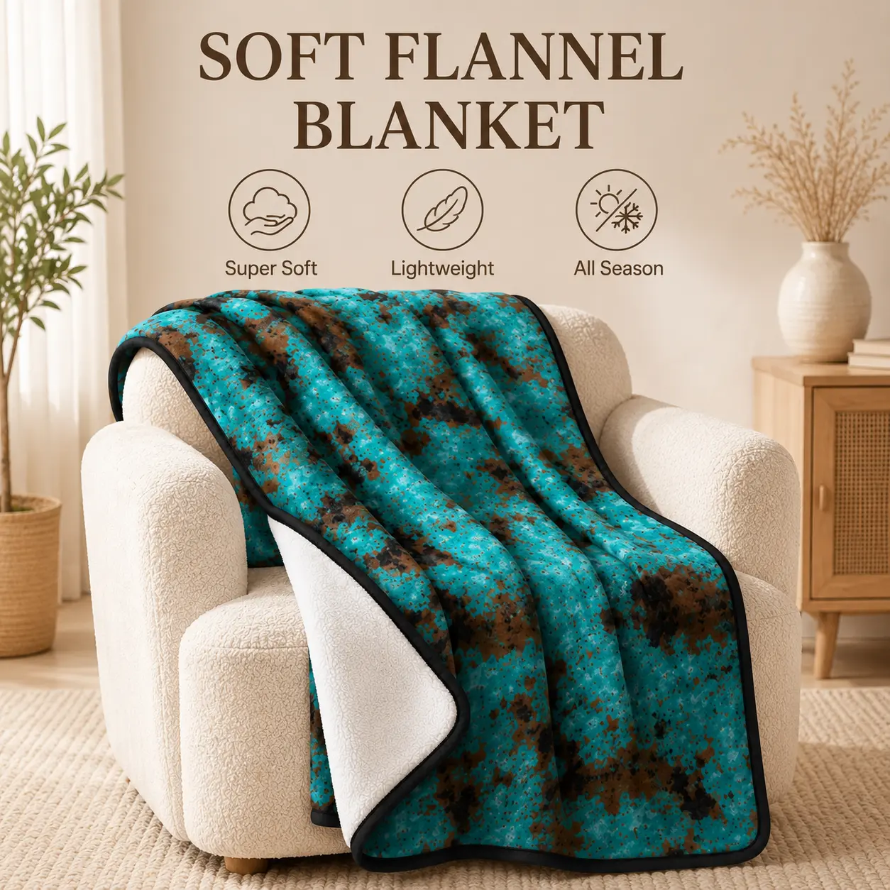 Turquoise Distressed Western Flannel Throw Blanket | Soft Vintage Cowhide Fleece Blanket for Couch Bed | Rustic Farmhouse Home Decor Gift