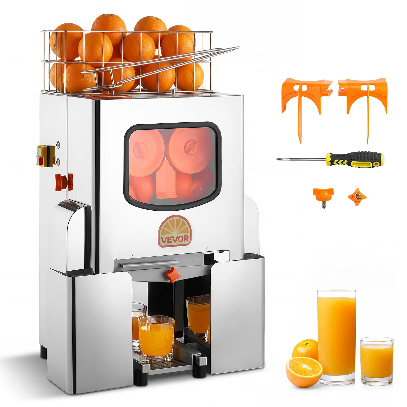 VEVOR Commercial Orange Juicer Machine, 120W Electric Orange Juice Press, Stainless Steel Orange Squeezer for 20 per Minute, Lemon Citrus Pomegranates Extractor with Peels Collecting Bucket