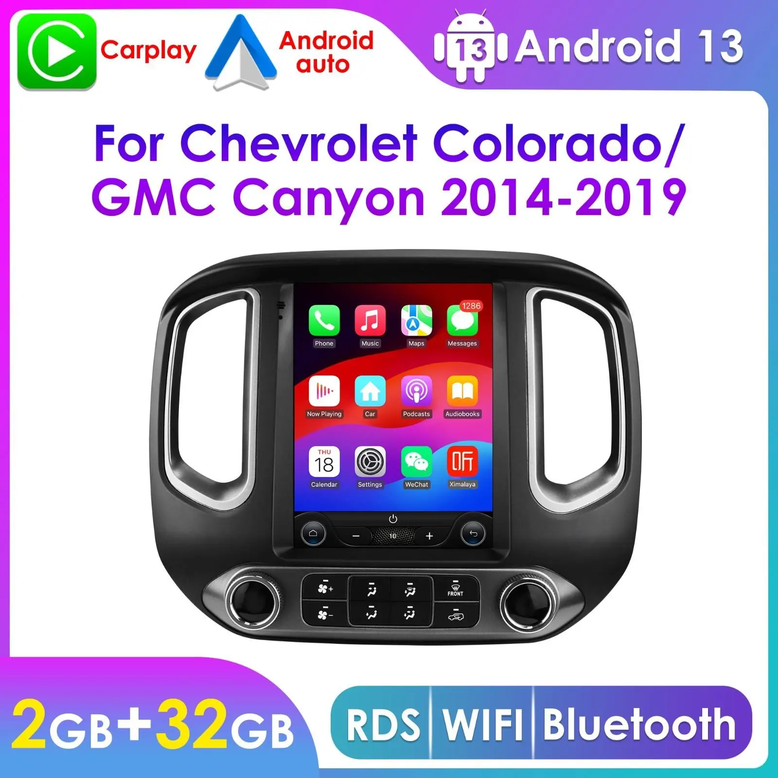 Hizpo 9.7-in 2Din Android Car Radio Head Unit - MTK 8163 Cortex-A7 4*1.2GHz Touchscreen Autoradio with CarPlay, Bluetooth, GPS Navigation for Chevrolet Colorado 2014-2019, GMC Canyon, 9.7 Inch, Intelligent, Gps Navigation Map