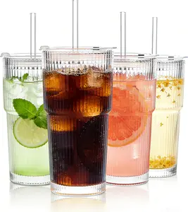 High Appearance Glass Cup 19oz Thickened Ribbed Glass Tumbler Set | With Lids & Straws | For Coffee, Smoothies & More