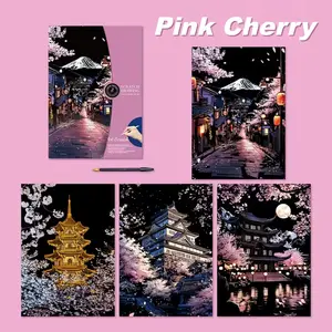 4pcs Scratch Resistant DIY Art Set with Inspired Cherry & Star Night Scene Templates Reveal 3D Night Lights Effect Pre-Printed Line Guides Blank Pages Drawing Books Birthday Christmas Party Crafts Home Classroom Activities Creative Gift for Teens Adults