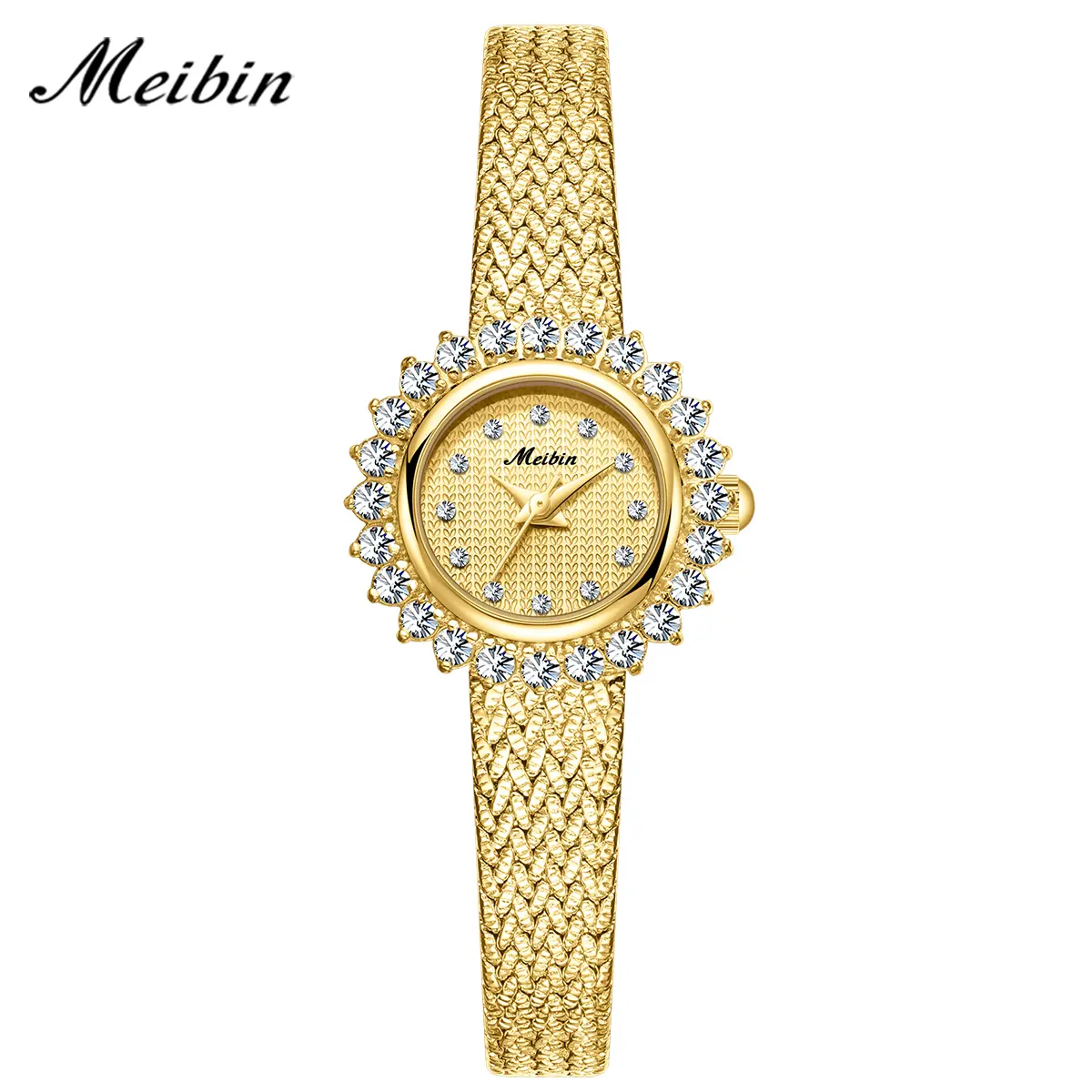 Women's Fashion Glamorous Luxury Crystal-Encrusted 34mm Diamond Sleek Quartz Watch - Sunburst Bezel, Textured Dial, Durable Mesh Metal Bracelet, Vintage Statement Wristwatch for Formal Events & Daily Wear