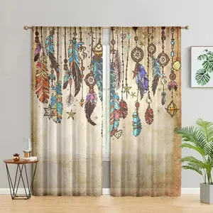 Vintage Feather Print Curtain, 2 Counts Boho Style Curtain, Window Drapes for Home Living Room Bedroom Decor, Home Decor, Home Decoration Curtain