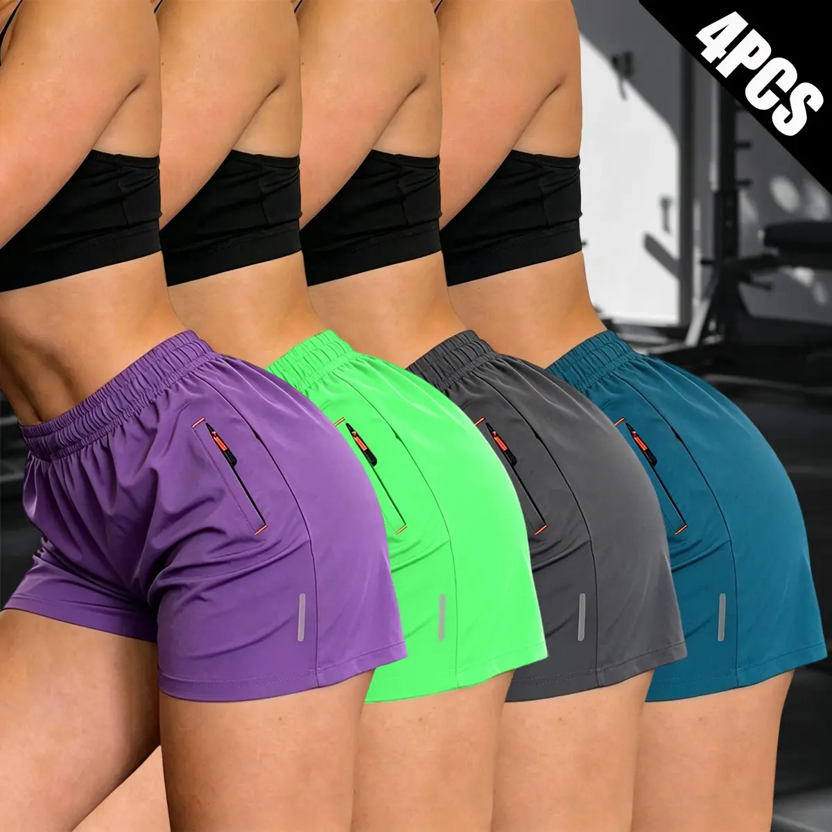 Women’s fashionable athletic shorts, 4-pack, featuring zippered pockets and a drawstring waist, with silver reflective stripes, available in multiple color combinations—perfect for summer outfits, everyday workouts, travel, events, and holiday gifts. camp