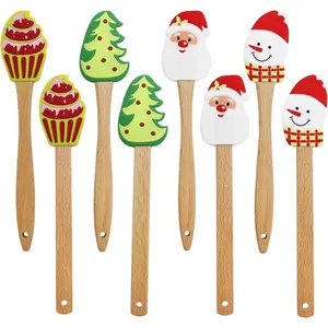 8PC Christmas Silicone Spatula Set - Santa Design Wood Handle for Baking, Cake Decor, Cooking Non-Scratch Xmas Dish Scrapers, Holiday Kitchen Gift for Bakers