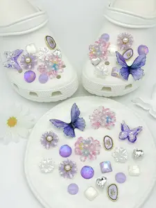 19 Piece Blue Dreamy Butterfly Flower Shoe Charms, Resin Pearl Decorative Tassel Style, Fits Hole Shoes, Fresh Fairy Wind