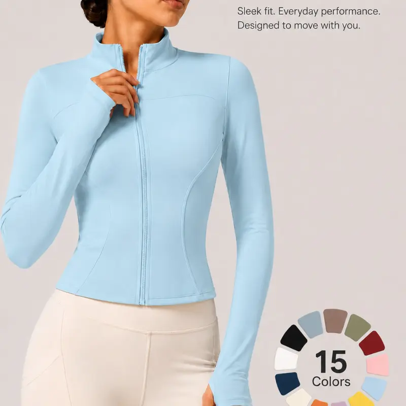 Women's Full Zip Sport Jacket, Slim Fit Long Sleeve Yoga Top, Thumb Hole Design, Lightweight, Quick Dry, for Running, Fitness, Casual Wear, Zippered Sports Jacket