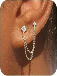 S925 Sterling Silver Double Chain Earrings for Women, High Quality Earrings, Sparkling Zircon Stud Dangle Earrings, Hypoallergenic Two Piercing Connected Chain Drop Earrings for Daily Party Jewelry Gift