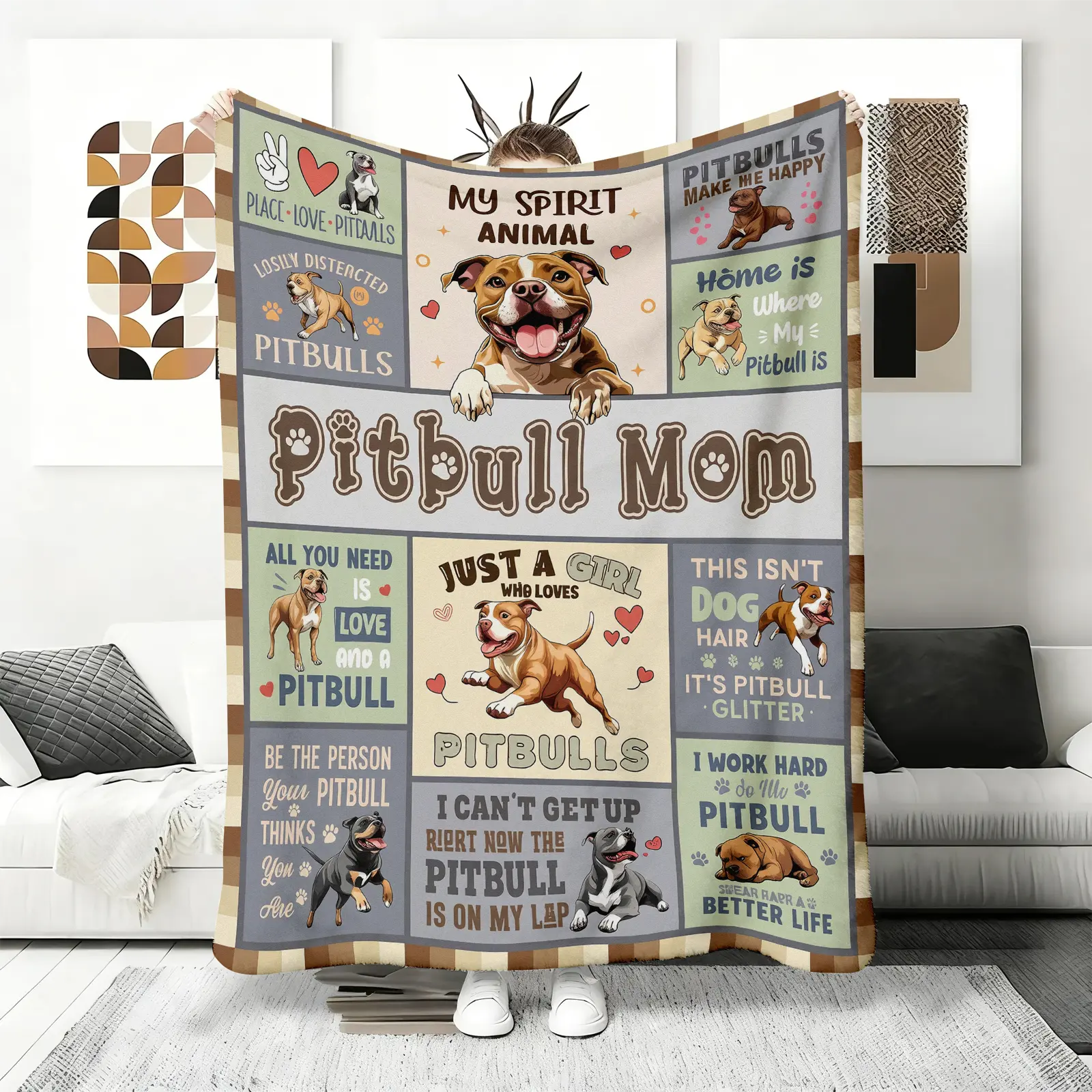 Pitbull Mom Flannel Blankets, a gift for dog lovers and Pitbull owners, featuring 'My Spirit Animal' and 'All You Need is Love' prints, soft fleece throw for the couch, bedding, plush blankets, and a cozy blanket.