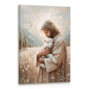 Jesus Christ Hugging Child Holding Lamb Canvas Wall Art Framed for Living Room Bedroom Christian Home Decor Spiritual Easter Gift High-Definition Printing Ready to Hang
