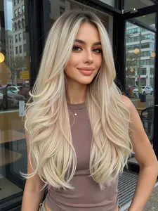 Dyed Wig, Synthetic Hair, Medium Part Bangs Long Curly Hair, Full Head Set, Rose Net Fashion Natural Smooth, All Seasons