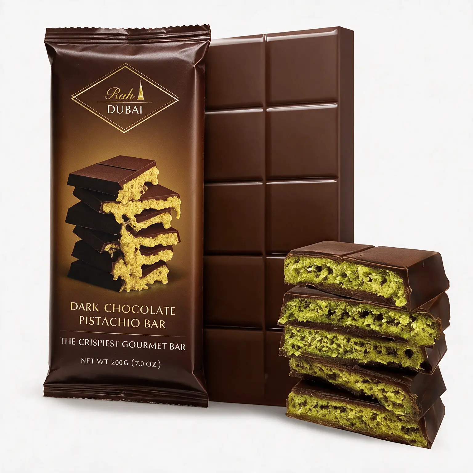 RAH Dark Dubai Chocolate Bar (7oz - 200g) Crunchy Loaded Viral Knafeh with Pistachio Cream and Kataifi | Dubai Dark Chocolate Bar Pistachio | Perfect for Sharing & Special Occasions - Ideal Gift