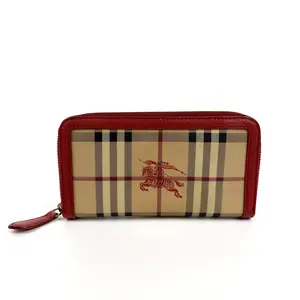 Pre-owned BURBERRY PVC Wallet Classic Check Coated Canvas Long Zip Equestrian Knight Logo, Red Trim,Sku:SH77