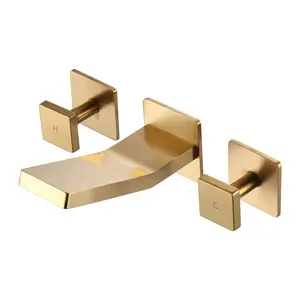WOWOW Double Handle Wall Mounted Bathroom Faucet with with Rough in Valve and Knob Handle in Gold