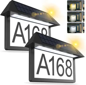 Solar Address House Numbers Rechargeable LED Signs, Wall Mount Waterproof IP65 3000mAh Battery 3 Color Modes Outdoor Garden Door Decorative Plaque Frame