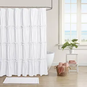 Ruffle Shower Curtain with Handmade Ruched Vintage Ruffled Fabric Decorative Elegant Bathroom Curtain with 12 Holes White 72" W x 72" H(N60049)