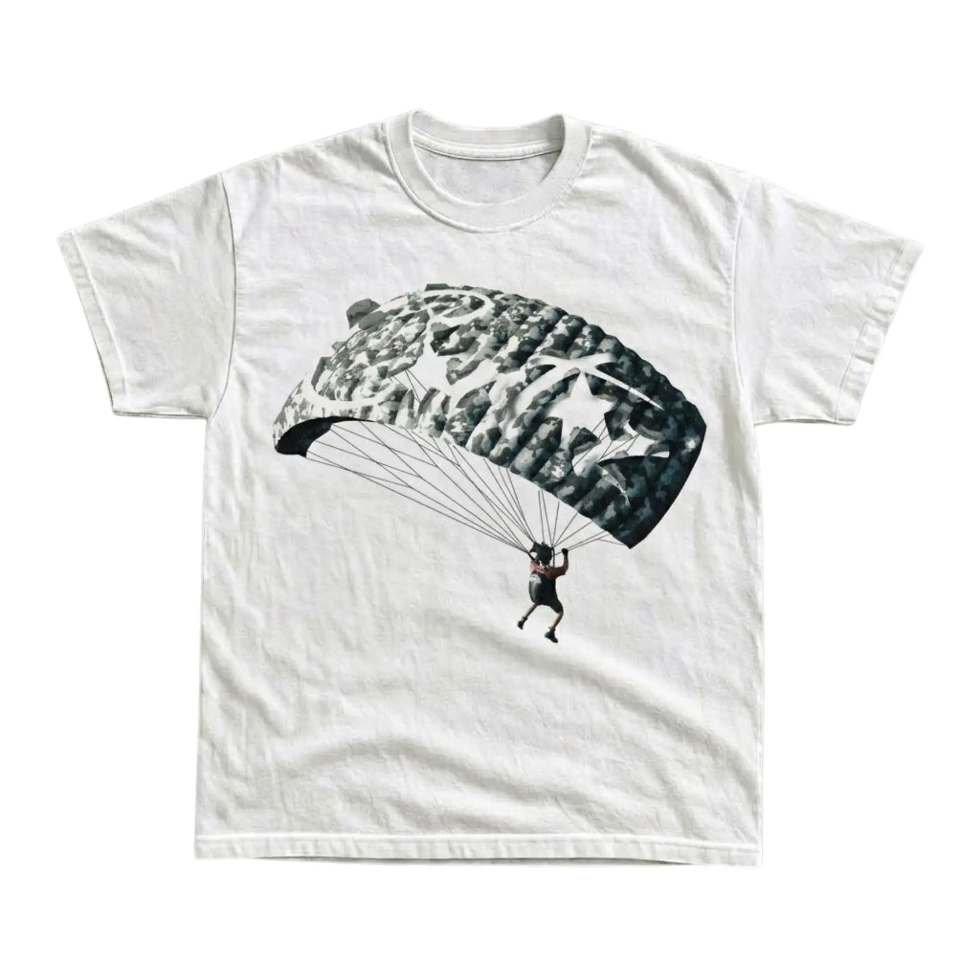 Y2K Parachute Skydiver Graphic Tee, Camo Parachute Skydiver Star Graphic Photo Print, Unisex Streetwear Tee For Extreme Sport Fans, Retro Y2K Outfit